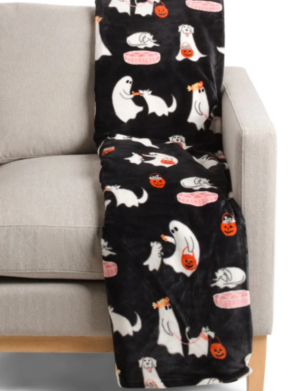 Isaac Mizrahi Black Plush Blanket with White Ghosts and Orange Accents